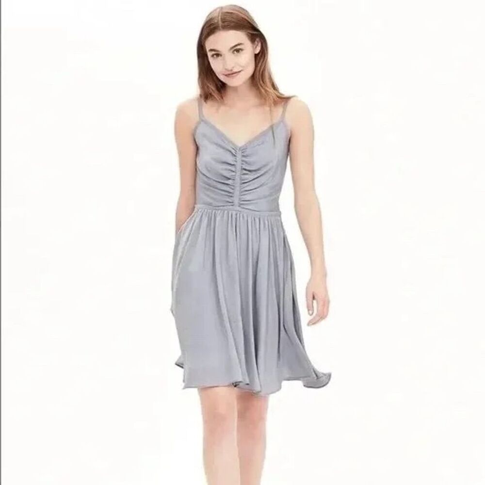 NWT Banana Republic Dusty Blue Silk Shirred Midi Cocktail Dress Size 10 Petite